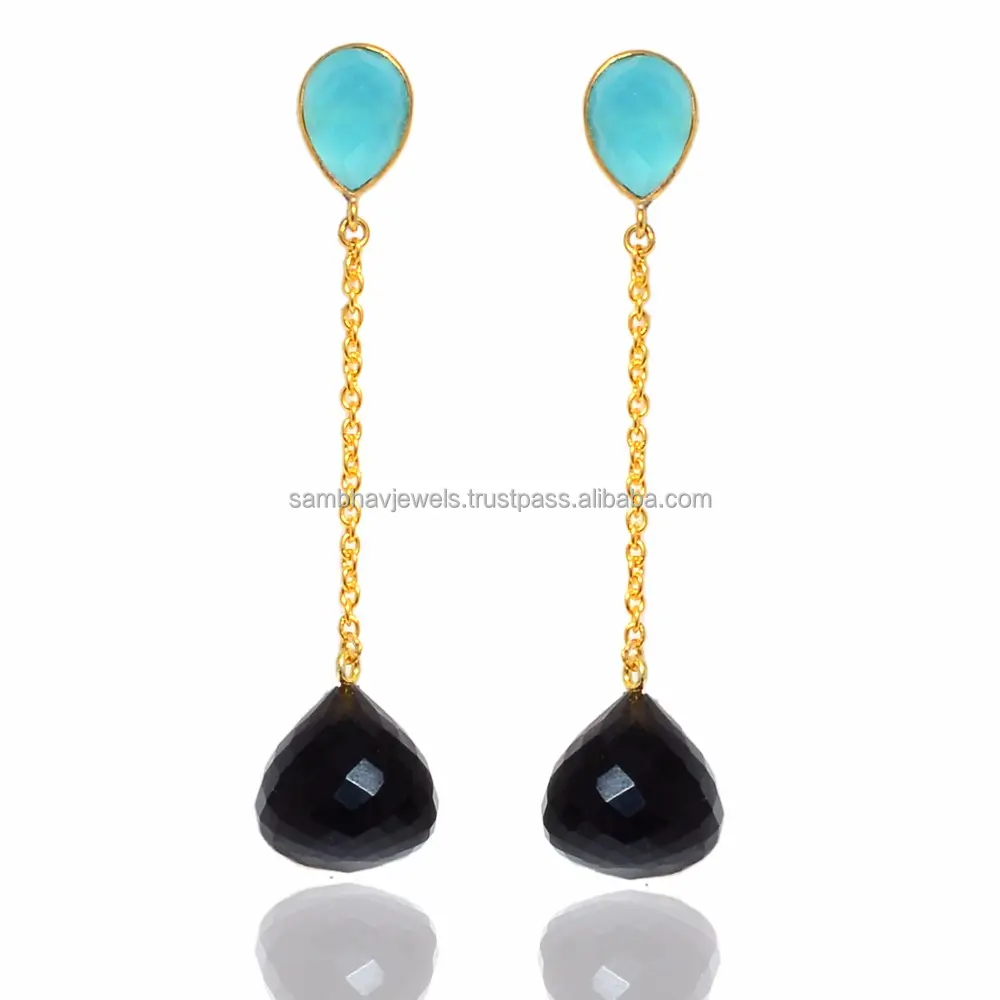 Fashionable Glowing 925 Sterling Silver Aqua Chalcedony Black Onyx Chain Gold Plated Earring Jewelry Earrings