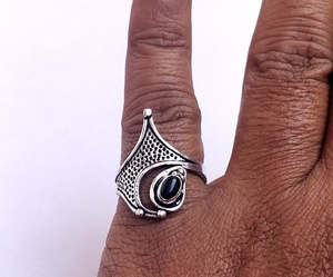 Women's <b>Adjustable</b> Bohemian Brass <b>Ring</b> with <b>Silver</b> Stone and Black Onyx Gemstone Bezel Setting for Anniversary - Product Image 5