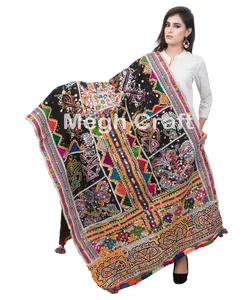 MEGH CRAFT Antique Rabari Mirror Work Kutch <b>Shawl</b>-Hand <b>Embroidered</b> Woolen Throw Indian <b>Shawl</b> - Product Image 1