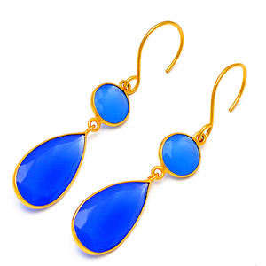 Pendientes colgantes de plata esterlina 925 hechos a mano con piedras preciosas de Calcedonia azul pera bisel redondo ajuste chapado en oro estilo Vintage - Product Image 1