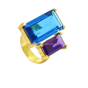 แหวนพลอยอเมทิสต์และควอตซ์สีน้ำเงิน925เงินสเตอร์ลิงพร้อมง่ามชุบทองแหวนแฟชั่นสำหรับเป็นของขวัญแต่งงาน - Product Image 3