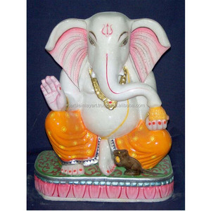Estatua de mármol blanco puro hecha a mano con Mushak, estatua decorativa colorida pintada a mano con el señor Ganpati Ji sentado - Product Image 1
