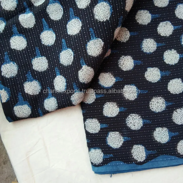 Kain Nila Kantha Stitch Cetak Tangan 100% Katun untuk Penggunaan Serbaguna untuk Garmen, Tas Tekstil Rumah & Lainnya