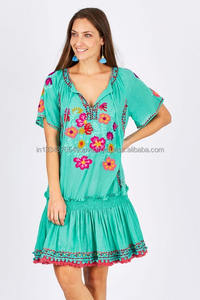 Tunique en coton personnalisable Robe courte pour femme brodée respirante avec bordure pompon brillante pour l'été grande taille - Product Image 2