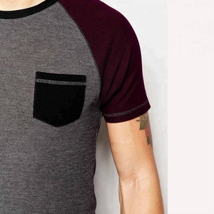 Camiseta cómoda de manga raglán para hombre, cuello redondo, bolsillo en el pecho, informal, BD, tejido liso, liso, teñido, en línea, venta al por mayor - Product Image 3