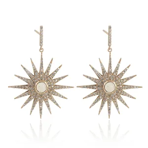 Bezel Set Moonstone 14K Solid Yellow <b>Gold</b> White Pave Starburst <b>Dangle</b> <b>Earrings</b> - Product Image 1