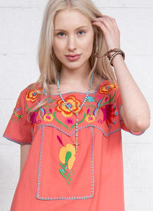 2019 Newest Summer Casual Mexican Style Boho Tunic Women Classic Version Orange Floral Embroidered Square Neck Short Dress - Product Image 3