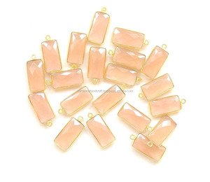 Magnifique pierre précieuse en calcédoine rose sertie en bélière, 10 x 14 mm, rectangulaire, pierre de naissance, connecteur bohème - Product Image 1