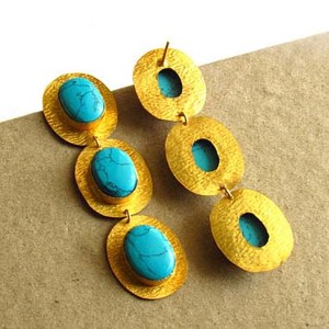 Long Boho 3 Turquoise Or Déclaration Tribal Gypsy Dangle Martelé Stud Femmes Boucles D'oreilles En Alliage De Laiton Sans Nickel pour Les Mariages - Product Image 2