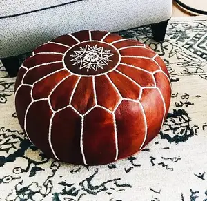 One Handmade Moroccan Pouf, Genuine Leather Ottoman, Natural Tan Color Pouffe unstuffed Footstool.