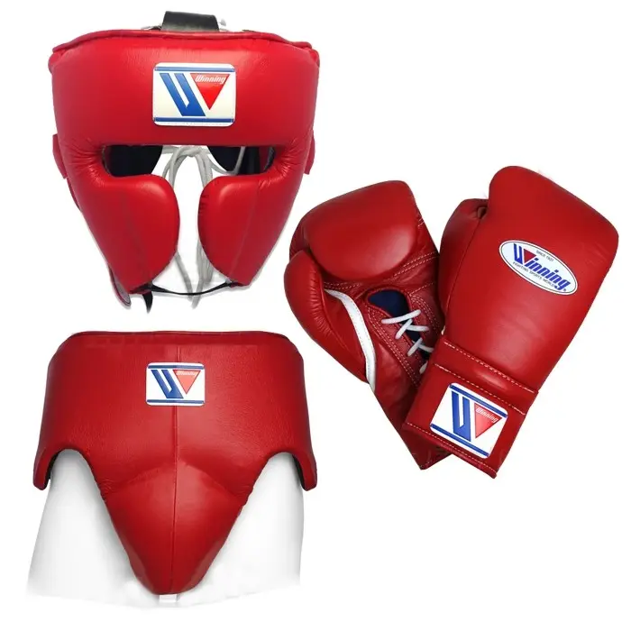 Luvas de couro real vencedores personalizados, proteção da cabeça e groin guard, kit de proteção