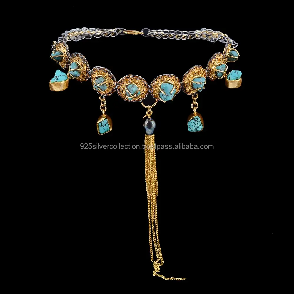Модный чокер, оптовая продажа, бирюзовое двухцветное Латунное позолоченное ожерелье