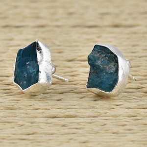 Rough Apatite Gemstone <b>Stud</b> Earring 925 Sterling <b>Silver</b> <b>Stud</b> Earring Bezel Setting <b>Silver</b> Plated Fashionable Earring For Women. - Product Image 3