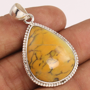 925 pendentif en argent Sterling massif fabriqué à la main en forme de poire dendritique jaune naturel réglage de lunette bijoux fins faishonable - Product Image 1