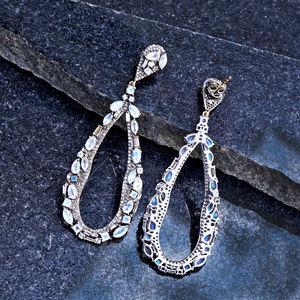 Natural Moon Stone <b>Earrings</b> Indian Designer 925 Silver Baguette Jewelry Pave <b>Diamond</b> <b>Earrings</b> for Women Jewelry - Product Image 1
