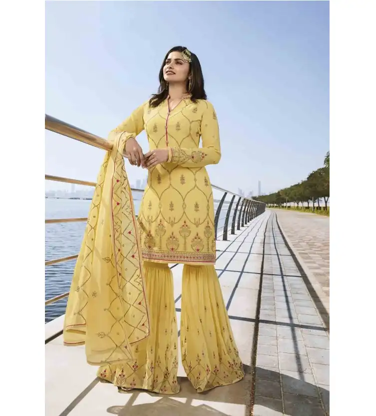 Traje amarillo pesado bordado Gharara Salwar, diseño de Sharara de boda, Sharara paquistaní