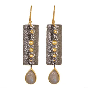Solid Silver Oxidised rectangle Earrings 925 Sterling Silver Gold Plated Labradorite Gemstone Earrings