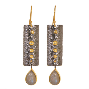 <b>Solid</b> <b>Silver</b> Oxidised 925 Sterling <b>Silver</b> 18k Gold Plated Cute Drop Earrings with Labradorite Gemstone for Party Occasions - Product Image 1
