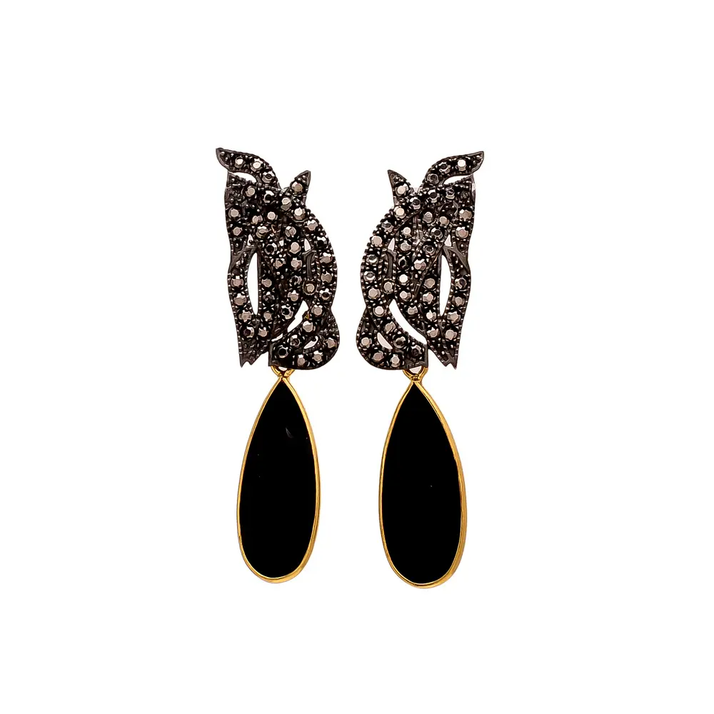 Anting-Anting Onyx Hitam Perhiasan Marcasite