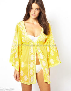 Perfect Elegant Stunning Yellow White Embroidery Front <b>Tie</b> Drawstring Wide Bell Sleeves Swim Women Cover up Kimono <b>Wrap</b> Caftan - Product Image 1