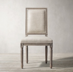 Modern Vintage French <b>Square</b> Fabric Side Chair with Solid Wood Dining <b>Table</b> Antique Dining Room Furniture - Product Image 2