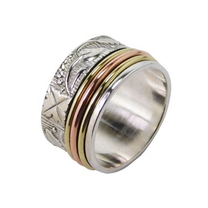 แหวน925สปินเนอร์ทองเหลืองเงินสเตอร์ลิงทำด้วยมือแหวนสมาธิดีไซน์เรียบๆสำหรับงานแต่งงานงานปาร์ตี้ - Product Image 1