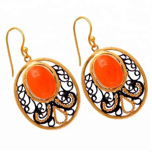 Solide 925 Sterling Silver Plaqué Or Cornaline Filigrane Conception À La Mode Boucle D'oreille Bijoux En Gros Fabricant Casa De Plata - Product Image 1