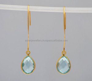 Boucles d'oreilles en argent sterling 925 avec topaze bleue naturelle, magnifiques bijoux en argent plaqué or, vente en gros - Product Image 1