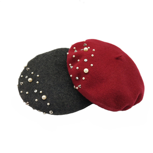 Bonia <strong>Ladies</strong> Painter <strong>Hat</strong> Pearl Rhinestone British Korean Version Autumn and <strong>Winter</strong> Knitted Woolen Free Sample Custom Logo Adults - Product Image 1