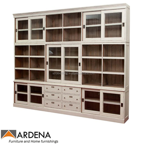 Librerías de madera pintadas blancas modernas, armario de cristal con puertas correderas, 6 cajones, muebles antiguos para sala de estar de Indonesia