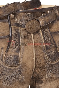 Pantalon court en cuir de vachette véritable Lederhosen-Bavarian Trachten avec ceinture en cuir à boucle logo antique - Product Image 2