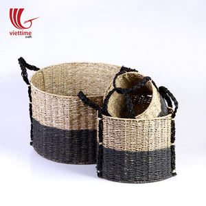 ชุดตะกร้าเก็บหญ้าทะเลทาสีดำ3ใบพร้อมที่จับตะกร้าสานสำหรับจัดระเบียบ - Product Image 4