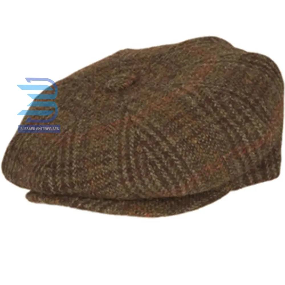 Premier 100% wool tweed cap 8 Panel Check Brown Tweed Caps