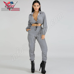 Survêtement réfléchissant pour femme, haut court, à capuche et pantalon Long, ensemble 2 pièces, couleur contrastée, pantalon de jogging, vêtements tendance, nouvelle collection 2020 - Product Image 1