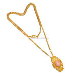 Collier de pierres précieuses opale rose ovale en argent sterling 925 avec chaîne de perles de créateur plaquée or 18 carats pour mariage ou cadeau - Product Image 1