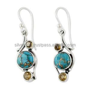 Nouvelle arrivée Dernières 925 Sterling Silver Blue Copper Turquoise Gemstone Dangle Boucles d'oreilles pour les femmes dans le prix de gros - Product Image 1