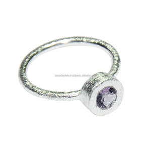 Anillo de piedras preciosas de amatista de corte redondo Anillos de Plata de Ley 925 Ajuste de bisel Anillo de moda Chapado en plata de moda para regalo de boda. - Product Image 1