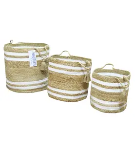 黄麻储物篮套装带手柄流苏用于客厅装饰棉绳条纹设计手工编织杂货篮