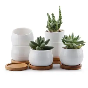 Kaktus Blumentopf Blumentopf/Container/Pflanzer mit Bambus Schalen Sukkulenten Keramik Weiß Blumentopf