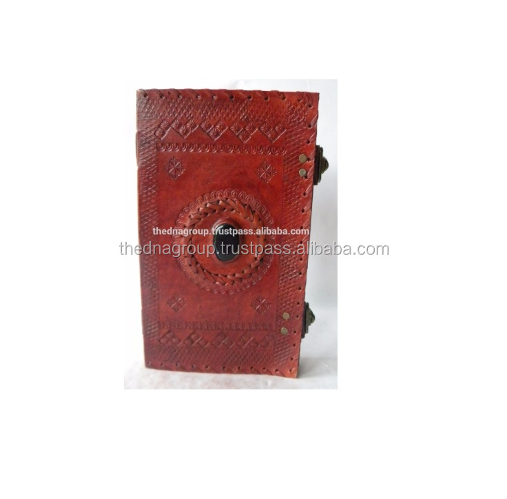 Handmade vintage embossed with stone 2 clasp closure leather notebook Business Use leather diary with clasp and stone