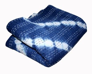 Colcha de algodón azul indio para decoración del hogar, cosido a mano, con estampado bohemio Shibori - Product Image 4