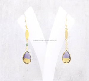 Multi Stone With <b>Beaded</b> <b>Rosary</b> Chain Statement Double Stone Natural Gemstone Handmade Jewelry Boho Earring - Product Image 4