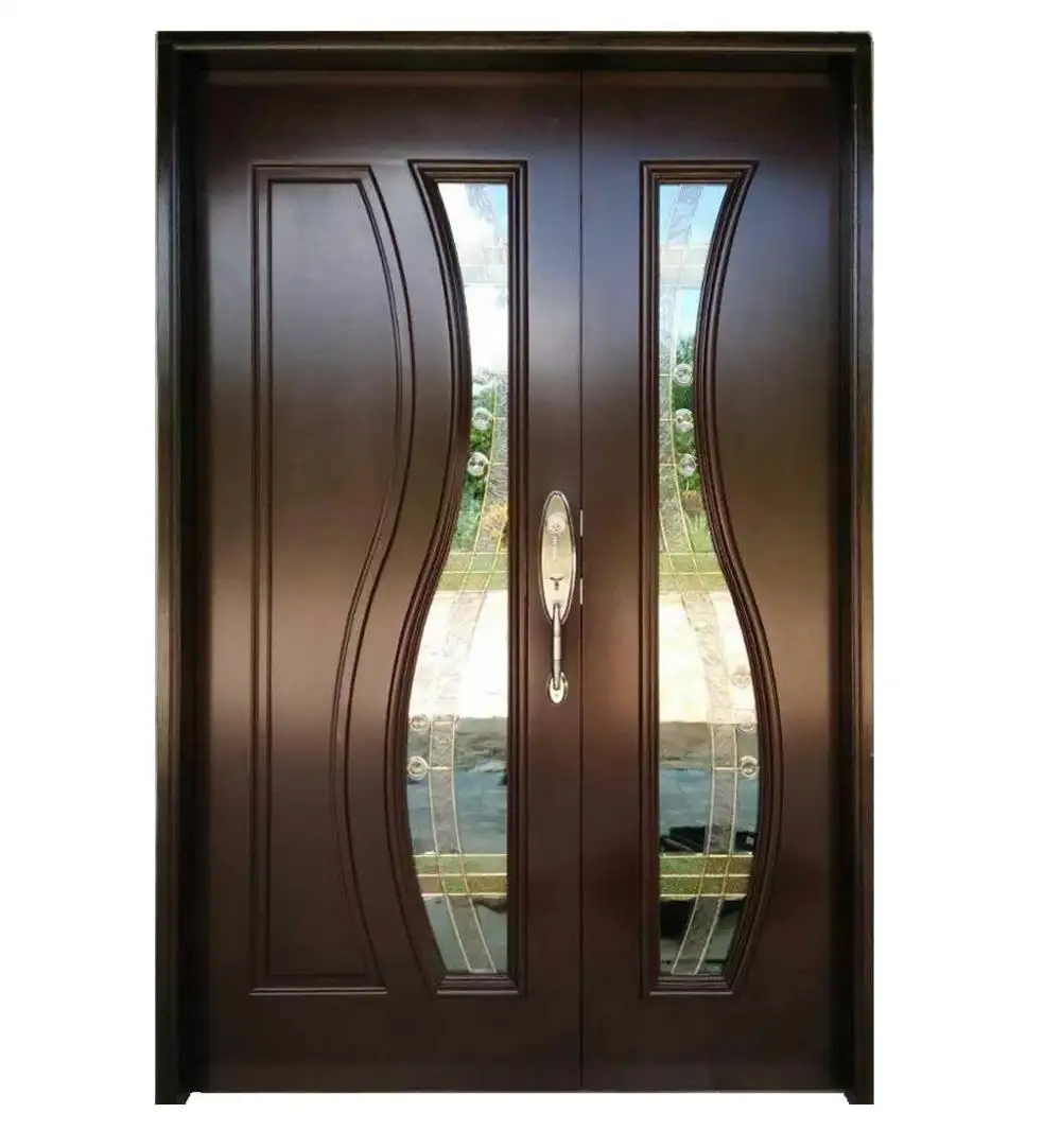 Стеклянный дизайн, цельная деревянная основная входная дверь с двумя листьями