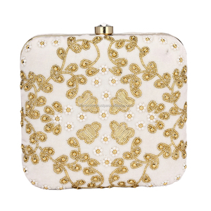 Casual <b>White</b> Zari Embroidery Clutch <b>Purse</b> Handmade Unique Design Fabric Material Square Shape Used For Evening Party For Ladies - Product Image 1
