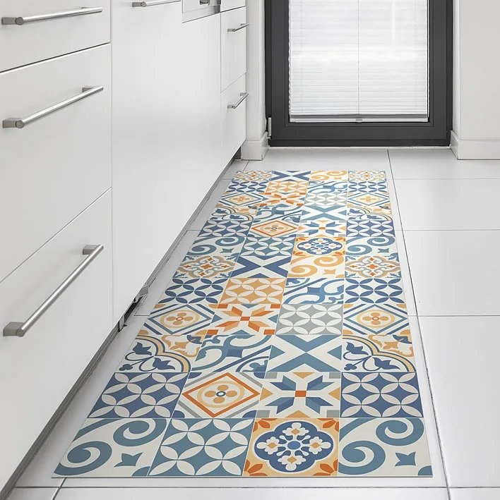 Alfombra de vinilo antideslizante para cocina, tapete de vinilo antideslizante con azulejos de diseño, baldosas eclécticas en borroso y naranja, 80x200cm, tapete de baño, puerta