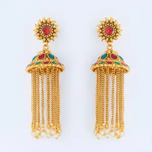传统镀金宝石jhumki耳环-14820