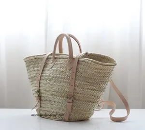 Cesta de mercado francês, cesta de verão, mochila de palha