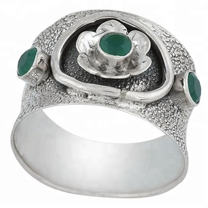 Round Green Onyx Gemstone Sterling Silver Designer Band Ring Jewelry - Product Image 2