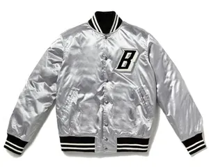 Silver satin unisex varsity jacket