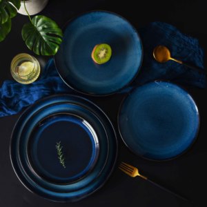 Hombe — <span class=keywords><strong>assiette</strong></span> à dîner ronde en céramique, vaisselle peu profonde émaillée bleue <span class=keywords><strong>assiette</strong></span> à Steak pour salade Dessert <span class=keywords><strong>bleu</strong></span> occidental - Product Image 3